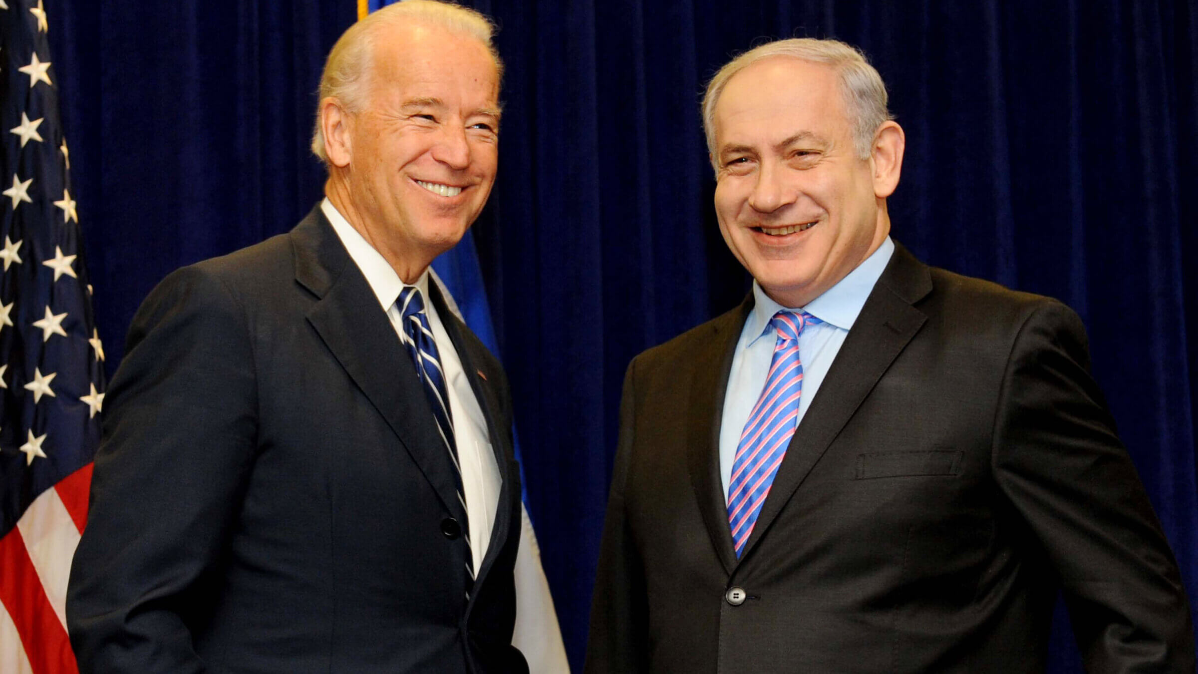 NEW ORLEANS - NOVEMBER 7:  (ISRAEL OUT) In this handout photo provided by the Israeli Government Press Office (GPO), Israeli PM Benyamin Netanyau (R) meets U.S. Vice President Joe Biden on November 7, 2010 in New Orleans, Louisiana. Netanyahu is on a five day visit to the U.S. to discuss the ongoing Mideast peace process.  (Photo Avi Ohayon/GPO via Getty Images)