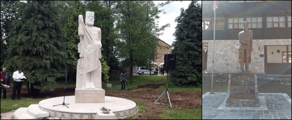 Left: Dragoljub “Draža” Mihailović monument, Bileća (Sarajevo Times). Right: Mihailović monument in Dobrunska Rijeca (Google maps). 