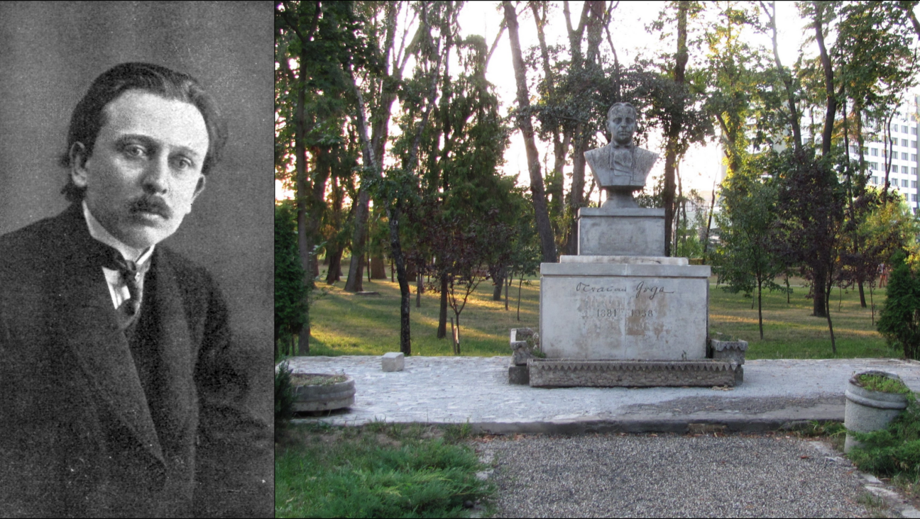 Left: Octavian Goga (Wikimedia Commons). Right: Goga bust at Central Park Simion Bărnuțiu, Cluj-Napoca (Wikimedia Commons). 