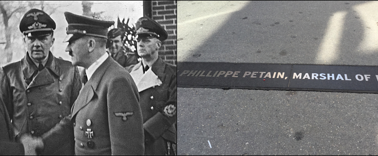 Above left: Philippe Pétain, left, with Hitler, Montoire-sur-le-Loir, France, October 24, 1940 (Bundesarchiv, Bild 183-H25217 via Wikimedia Commons). Right: Pétain plaque, Broadway, New York (Catherine Triomphe/AFP via Getty Images).