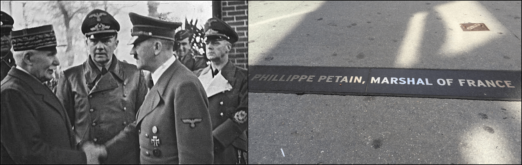 Above left: Philippe Pétain, left, with Hitler, Montoire-sur-le-Loir, France, October 24, 1940 (Bundesarchiv, Bild 183-H25217 via Wikimedia Commons). Right: Pétain plaque, Broadway, New York (Catherine Triomphe/AFP via Getty Images).