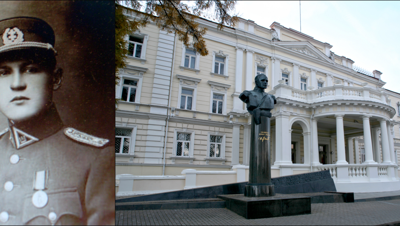 Left: Jonas Žemaitis-Vytautas (Wikimedia Commons). Right: Žemaitis-Vytautas bust outside the Ministry of National Defense of Lithuania, Vilnius (Wikimedia Commons). 