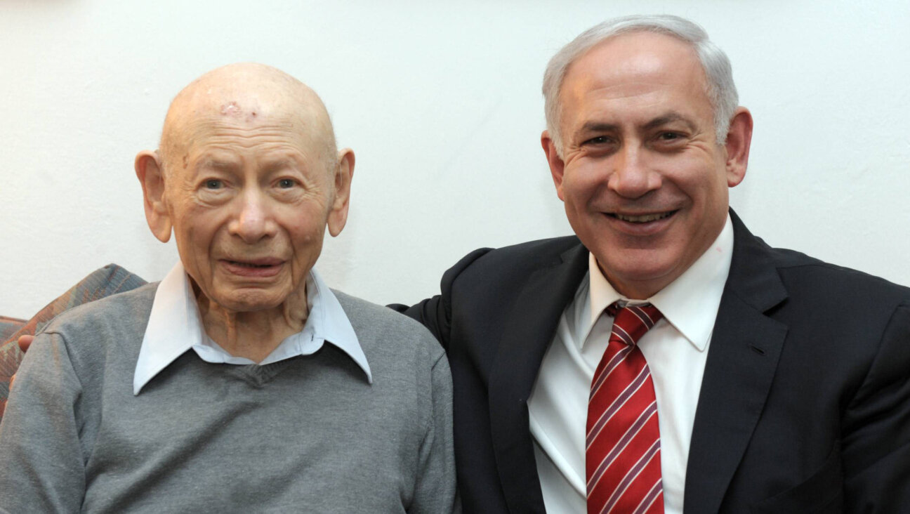 Benjamin Netanyahu (R) sits with his father, Professor Benzion Netanyahu, on March 25, 2012.