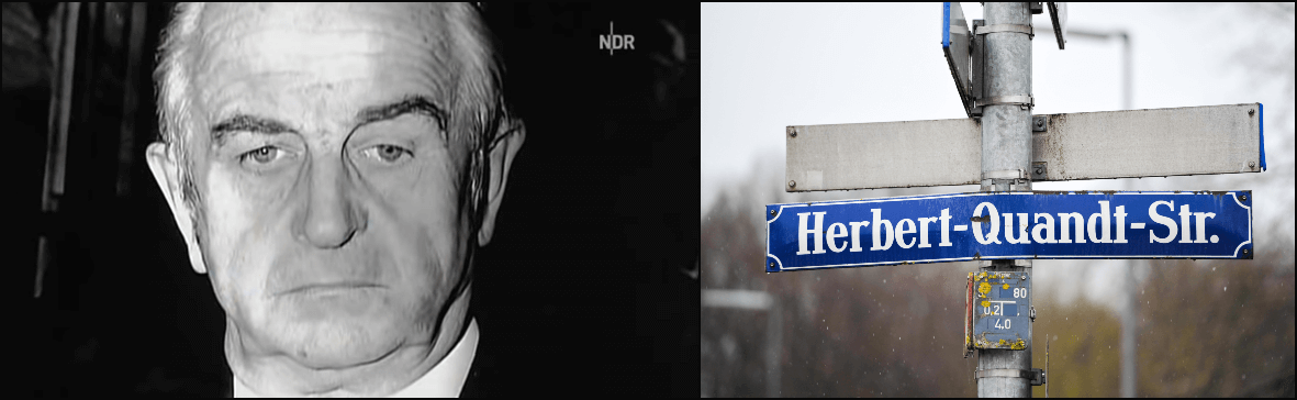 Left: Herbert Quandt (Screenshot from “The Silence of the Quandts,” YouTube). Right: Herbert Quandt Street, Munich (Alessandra Schellnegger/alessandraschellnegger.com). 