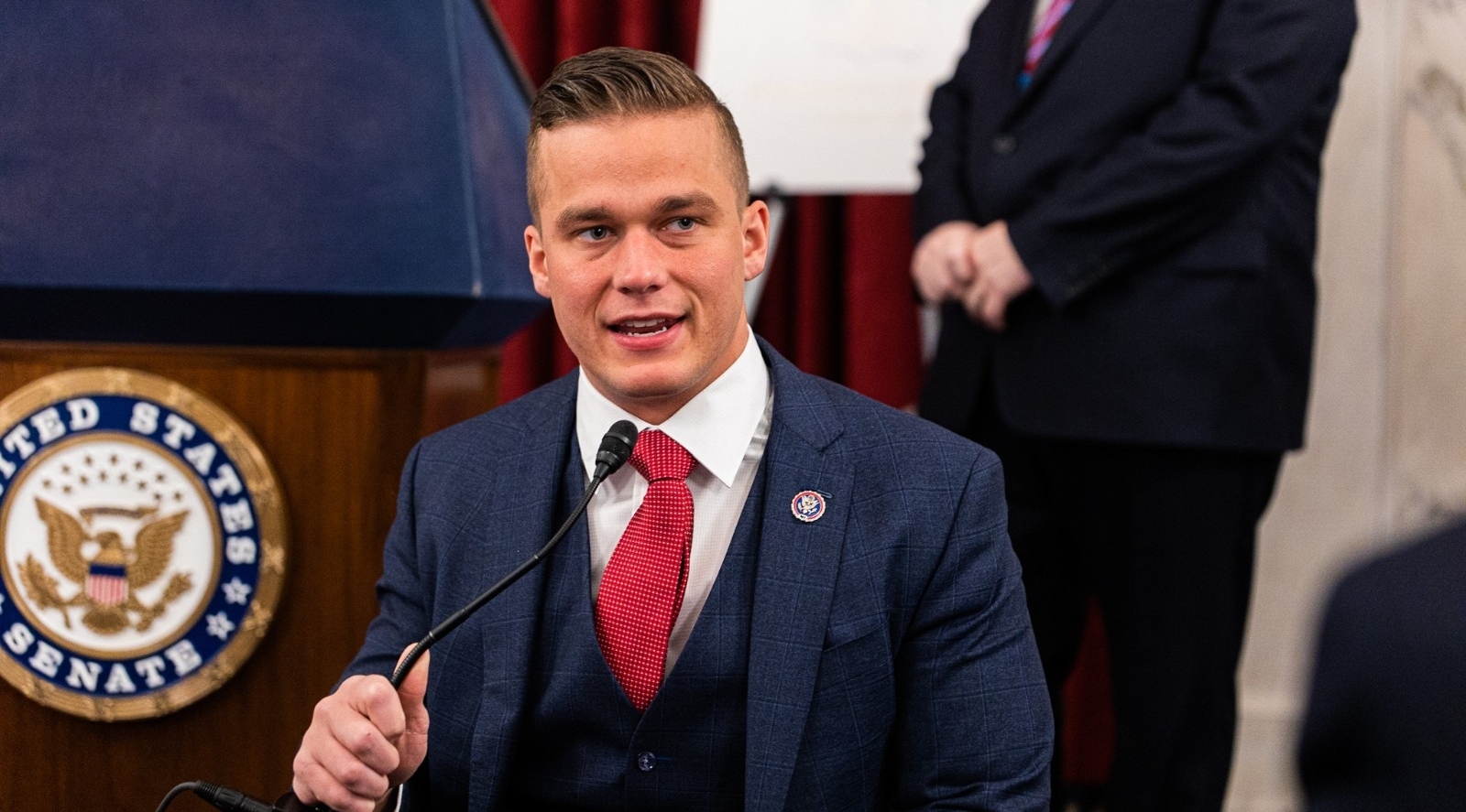 Madison Cawthorn speaks at an American Friends of Lubavitch (Chabad) event on Capitol Hill, March 30, 2022. (Eliau Piha/American Friends of Lubavitch Chabad)