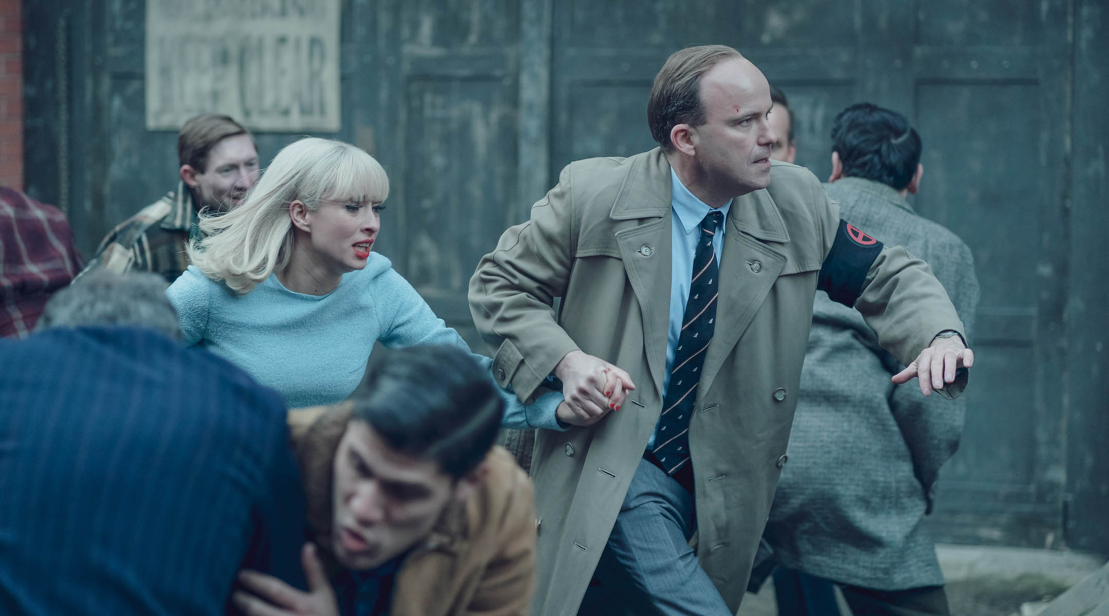 Agnes O’Casey as Vivien and Rory Kinnear as National Socialist Party leader Colin Jordan in the PBS miniseries “Ridley Road.” (Courtesy of RED Production Company and Masterpiece)