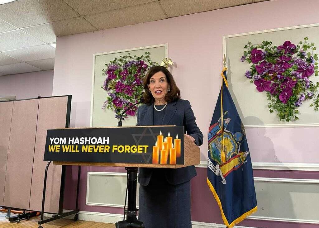 Gov. Kathy Hochul speaks after meeting with Holocaust survivors in Brooklyn on April 27, 2022