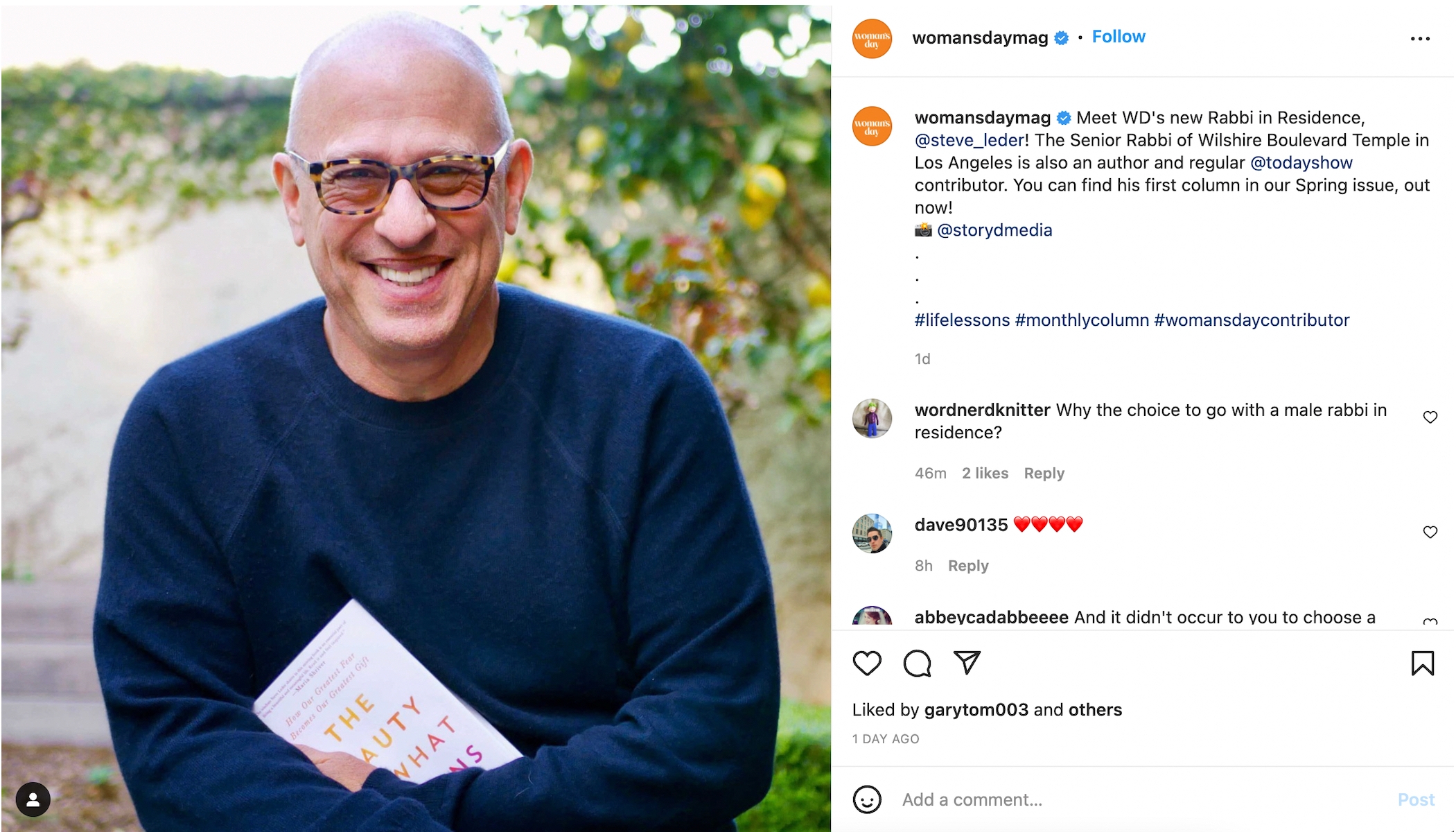 A screenshot of Woman’s Day magazine’s instagram post announces Rabbi Steven Leder will be the magazine’s new “Rabbi in Residence.” (Screenshot via Instagram)