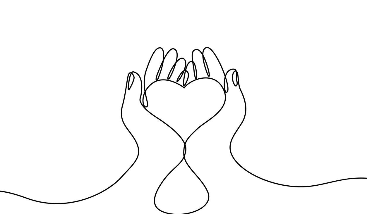 Continuous drawing line art of heart in hands