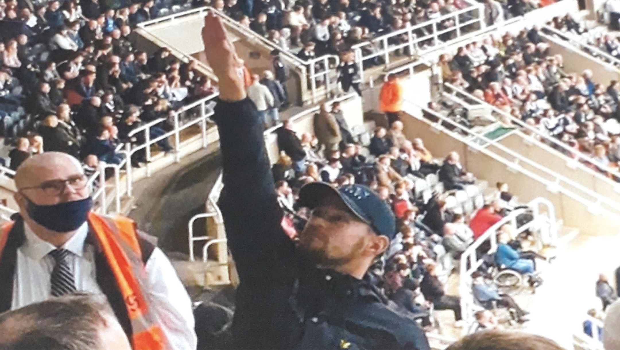 Shay Asher gives a Nazi salute at a soccer match in Newcastle, England, October 2021. (Northumbria Police)