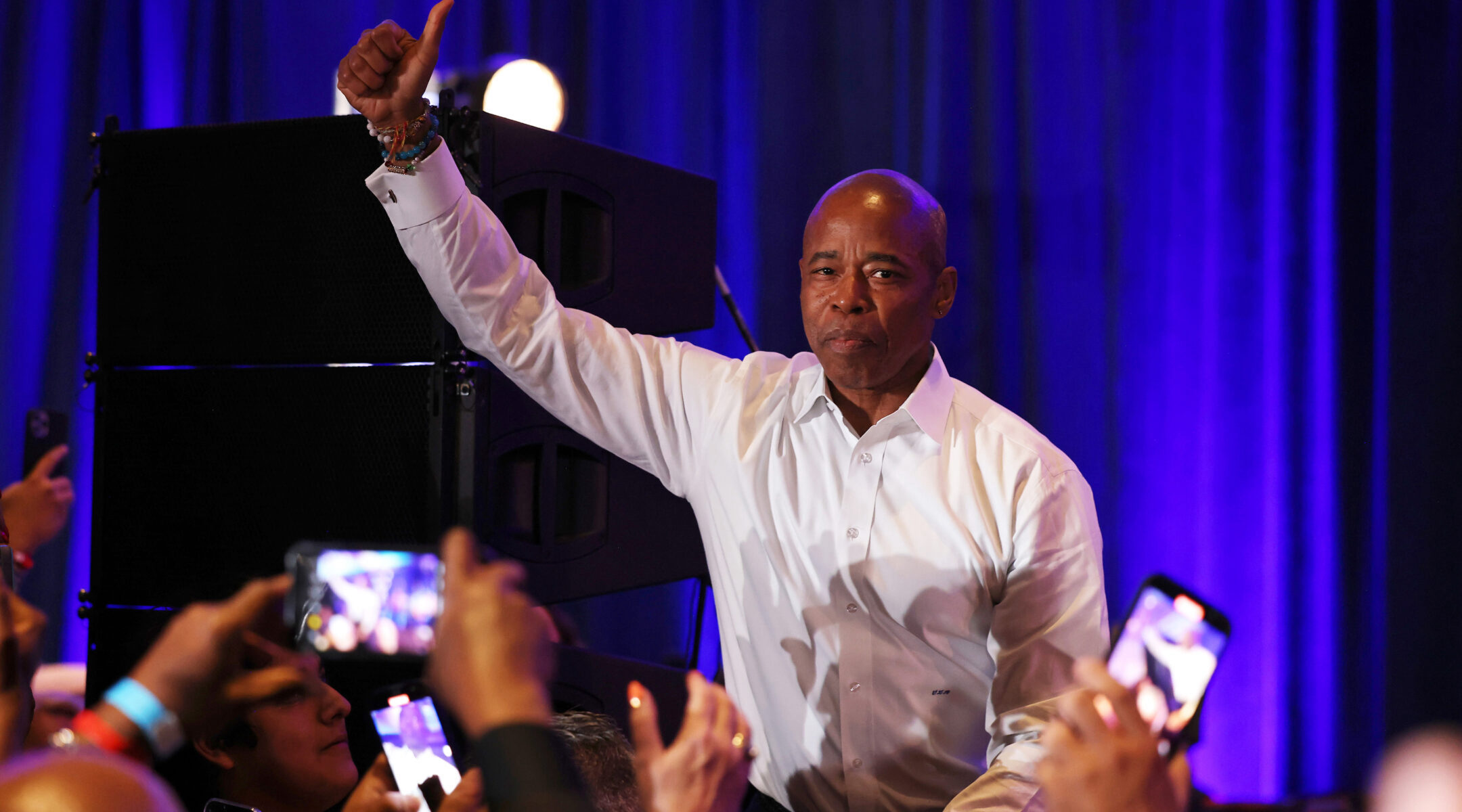 New York City Mayor-elect Eric Adams waves to supporters as he takes the stage during his election night party at the New York Marriott at the Brooklyn Bridge, Nov. 2, 2021. (Michael M. Santiago/Getty Images)