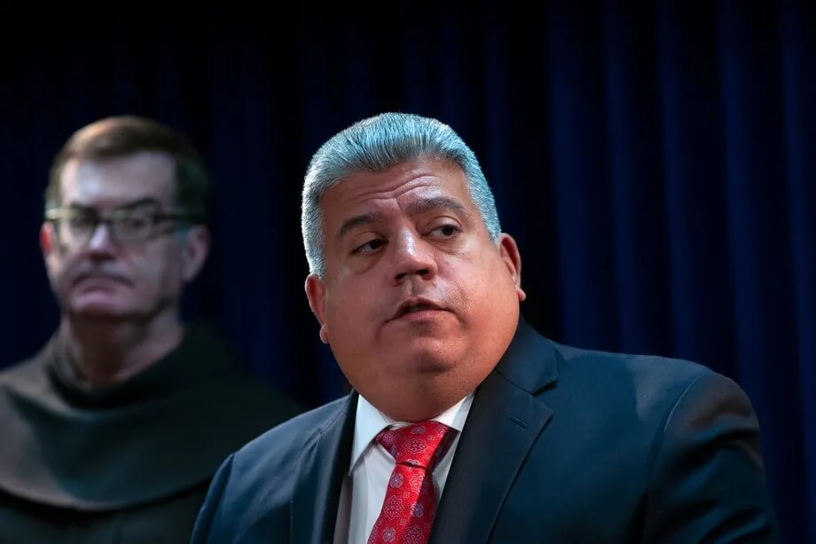 Brooklyn District Attorney Eric Gonzalez holds a press conference in 2019. 