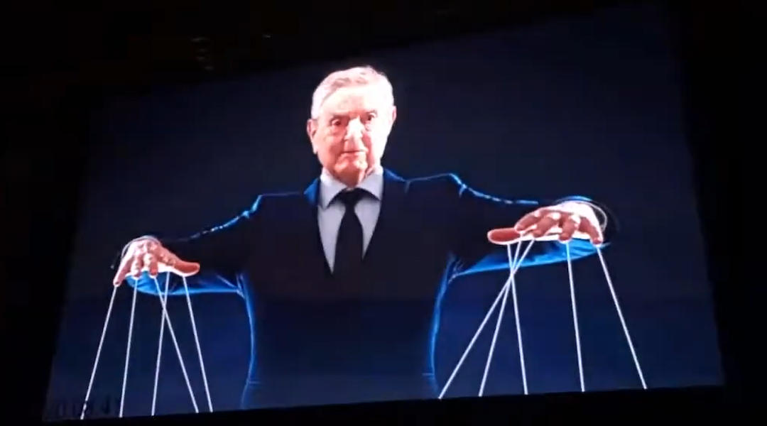 An image depicting Jewish philanthropist George Soros as a puppet master, from a campaign video for Kim Crockett, Minnesota GOP candidate for Secretary of State. (Screenshot)