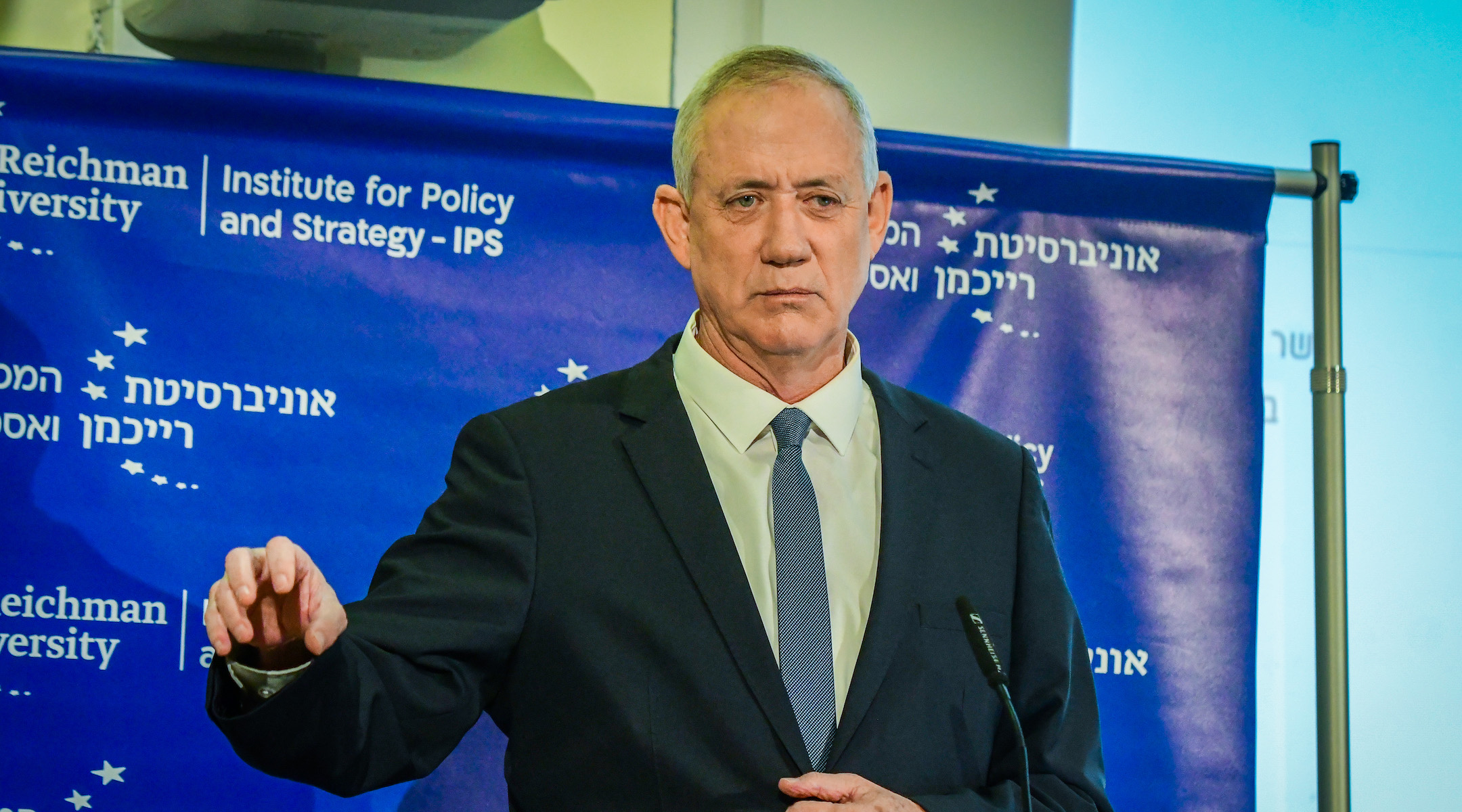 Israeli Defense Minister Benny Gantz attends a conference at Reichman University in Herzliya, May 17, 2022. (Avshalom Sassoni/Flash90)