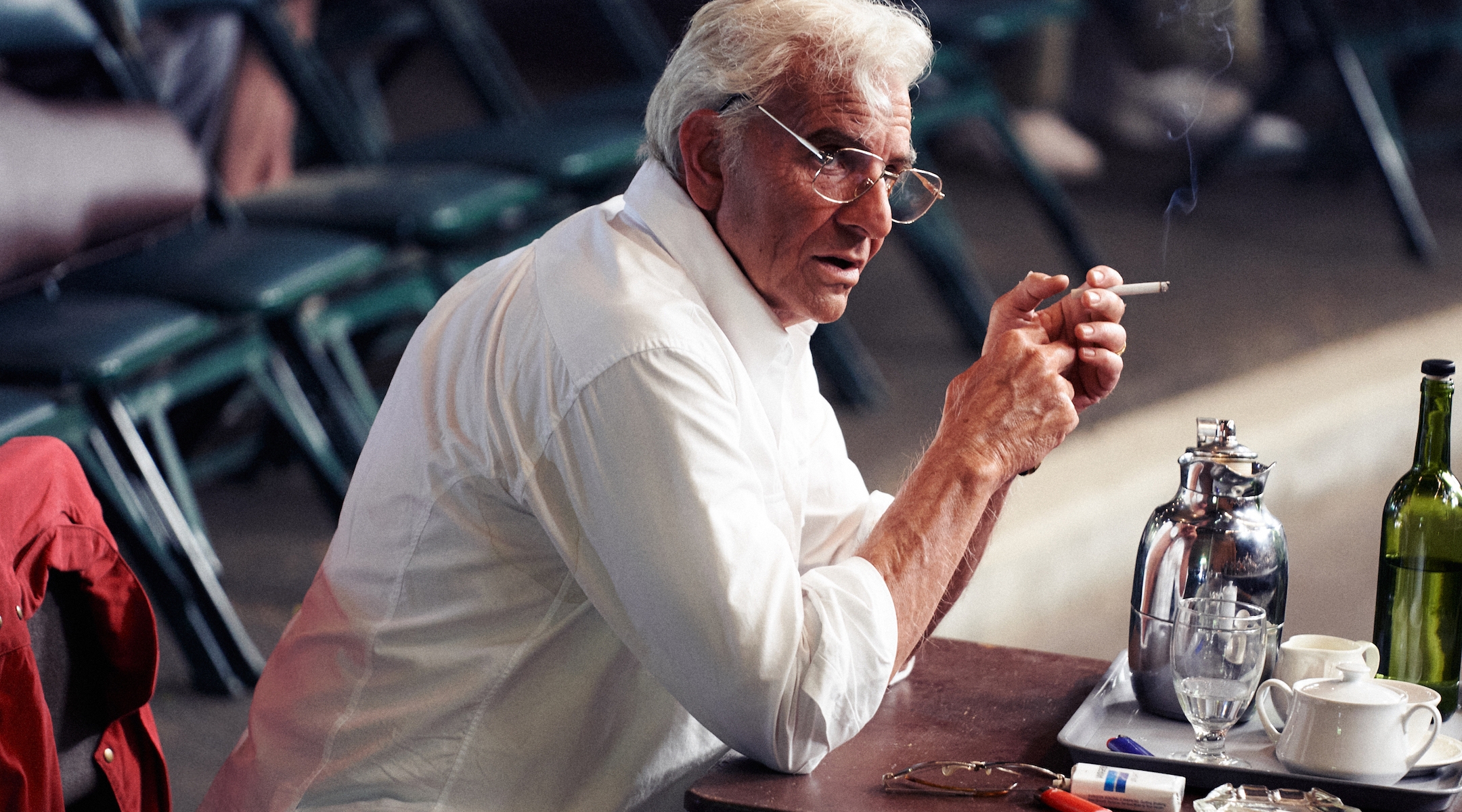 Bradley Cooper as Leonard Bernstein on the set of “Maestro.” (Netflix)