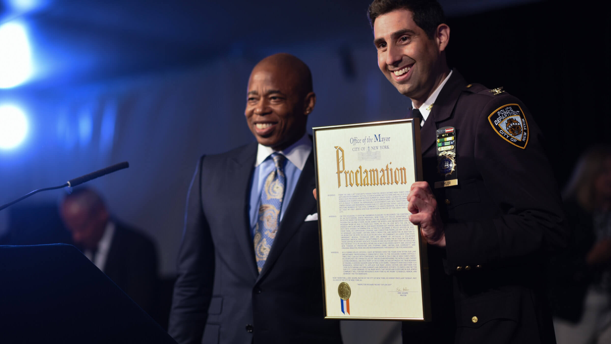 New York City Mayor Eric Adams honors Inspector Richie Taylor, the highest-ranking Orthodox NYPD officer, at the Jewish American Heritage Month reception at Gracie Mansion on May 24, 2022