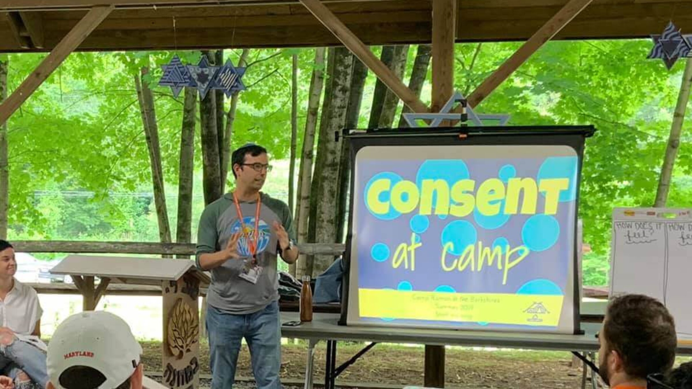 Rabbi Ethan Linden, director of Camp Ramah in the Berkshires, introduces a presentation on “consent at camp” to staff in June 2019. Linden was placed on administrative leave Friday, after a lawsuit was filed accusing him of mishandling a 2018 incident of sexual assault at the camp.