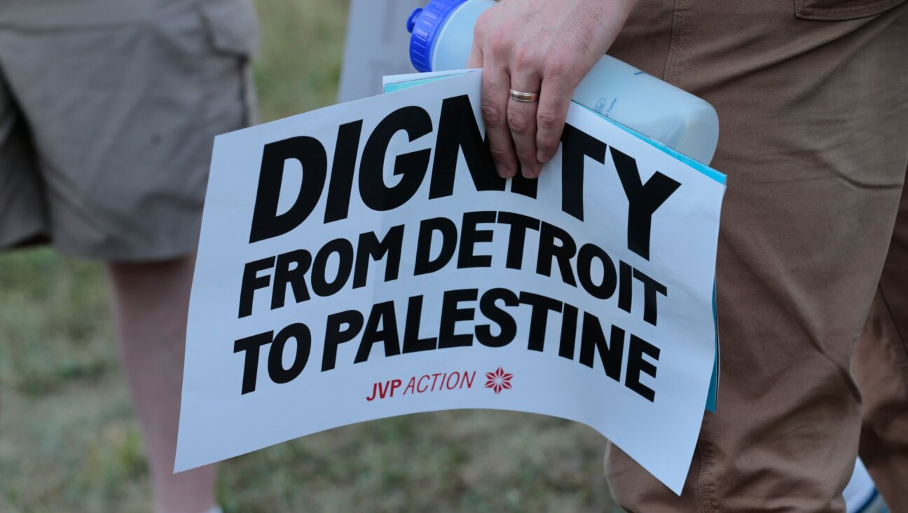 People hold signs for Jewish Voice for Peace, a pro-BDS group, in support of lawmaker Rashida Tlaib at 2019 event in Detroit, Mich.