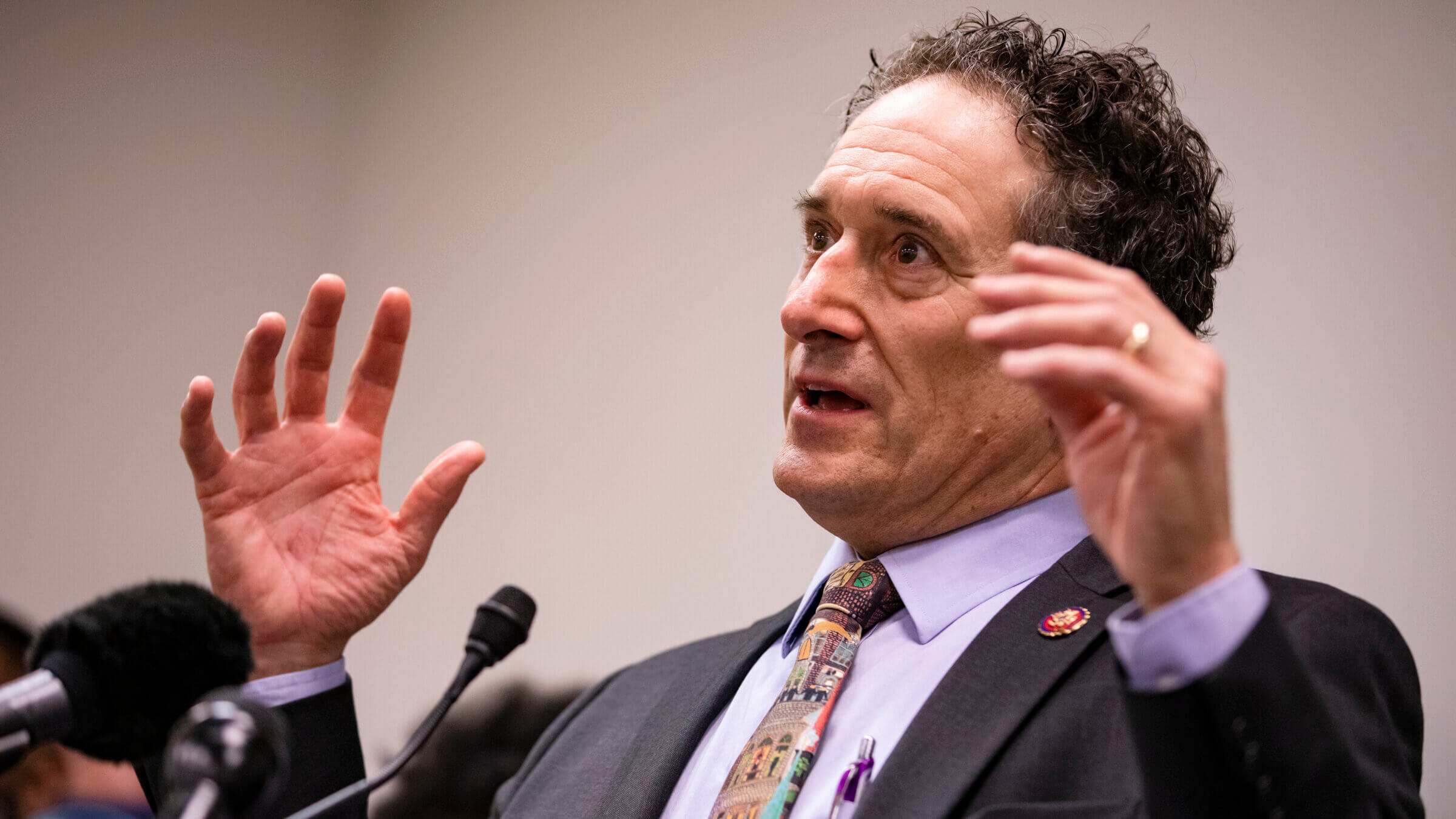 Rep. Andy Levin (D-MI) speaks during a press conference with. Rep. Alexandria Ocasio-Cortez (D-NY) about their new bill called the EV Freedom Act on Capitol Hill on February 6, 2020