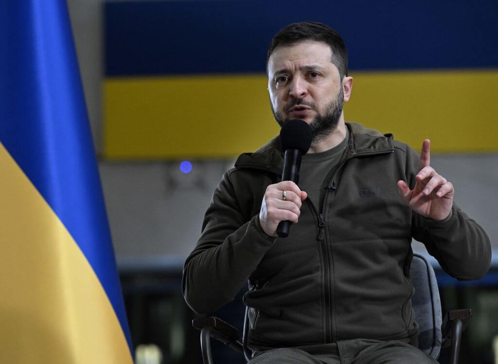 Ukrainian President Volodymyr Zelenskyy gives a press conference in an underground metro station in Kyiv.