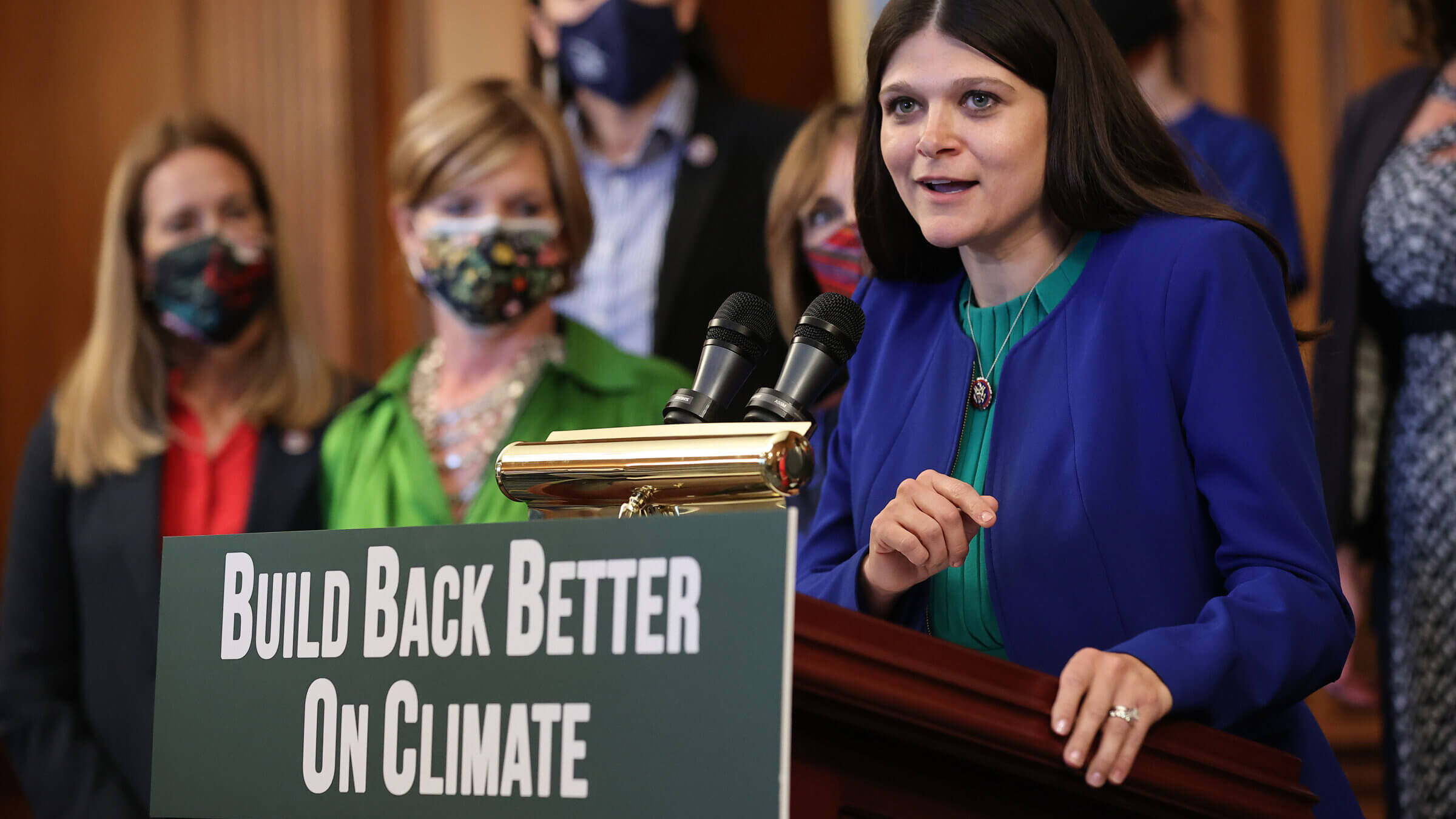 Rep. Haley Stevens (D-MI) speaks during an event with House Democrats and other climate activists to highlight the aspects of the Build Back Better Act that focus on combating climate change in the Rayburn Room at the U.S. Capitol on September 28, 2021