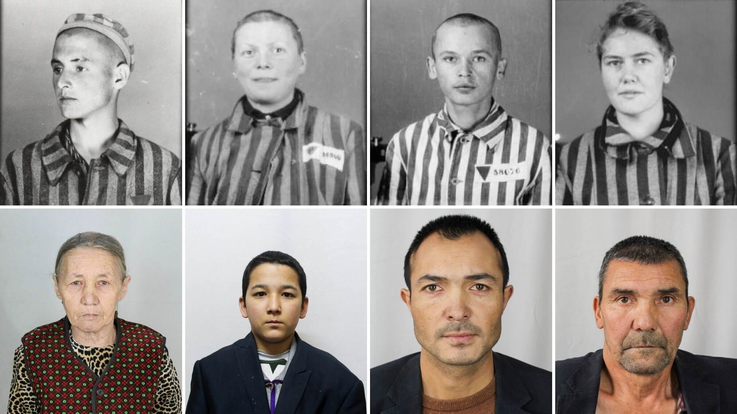 Top row, from left: Józef Szajna, Lena Mańkowska, a boy from Ukraine with camp number 58076 (name unknown), a Dutch female prisoner with camp number 25563 (name unknown).
Bottom row, from left: Tajir Abdurusul, Abdusemi Abduweli, Memeteli Hesen, Baqi Huseyin 