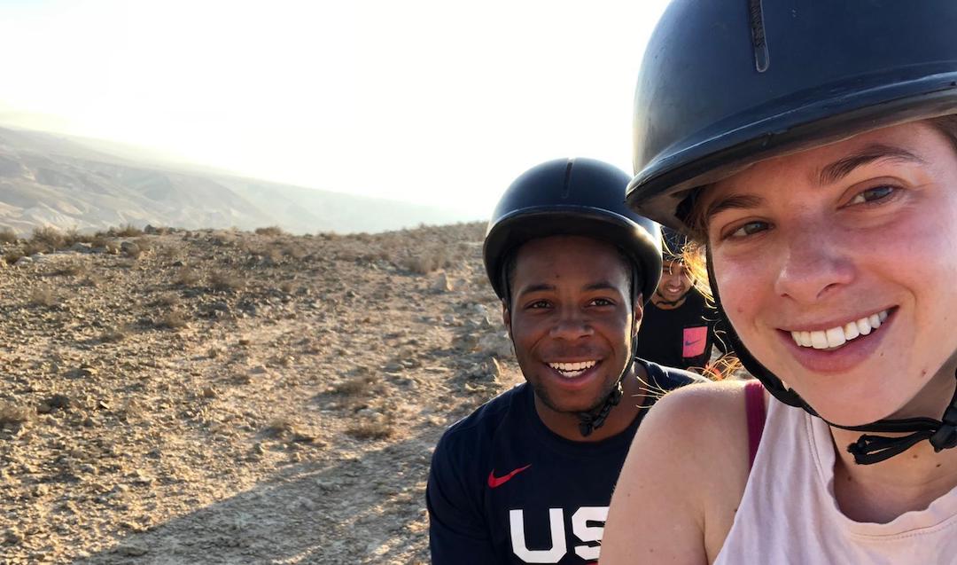 Jared Armstrong, left, on a Birthright Israel trip in 2021. Armstrong, a basketball player who had received an offer to play for an Israeli club team, petitioned the Israeli government for citizenship for months. (Courtesy Jared Armstrong)