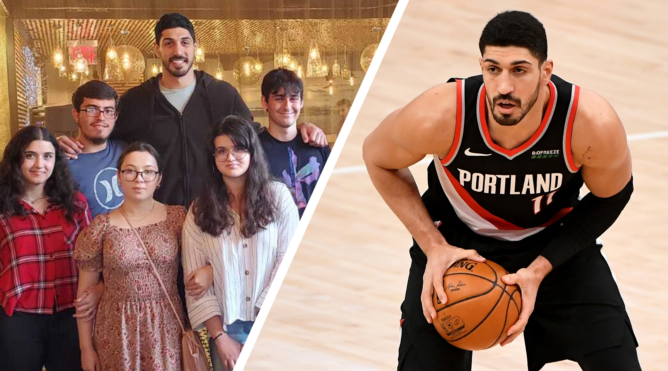 Enes Kanter Freedom poses with students at Brooklyn Amity School when he visited on Monday, June 13, 2022. At right, Kanter Freedom playing for the Portland Trailblazers in the NBA. (Courtesy)