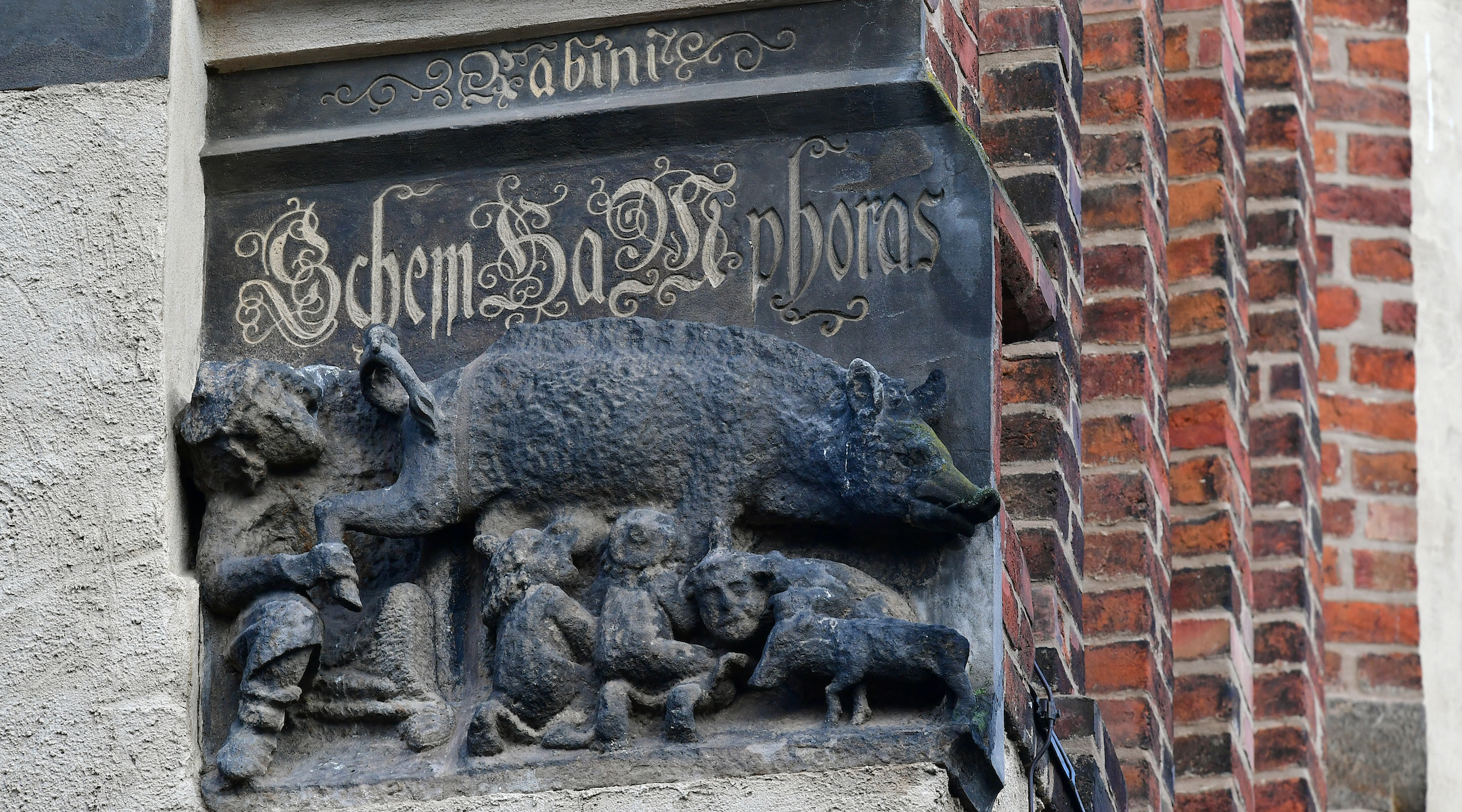 The Judensau sculpture on display on the outer wall of the town church of St. Marien in Wittenberg, Germany, Feb. 4, 2020. (Hendrik Schmidt/picture alliance via Getty Images)