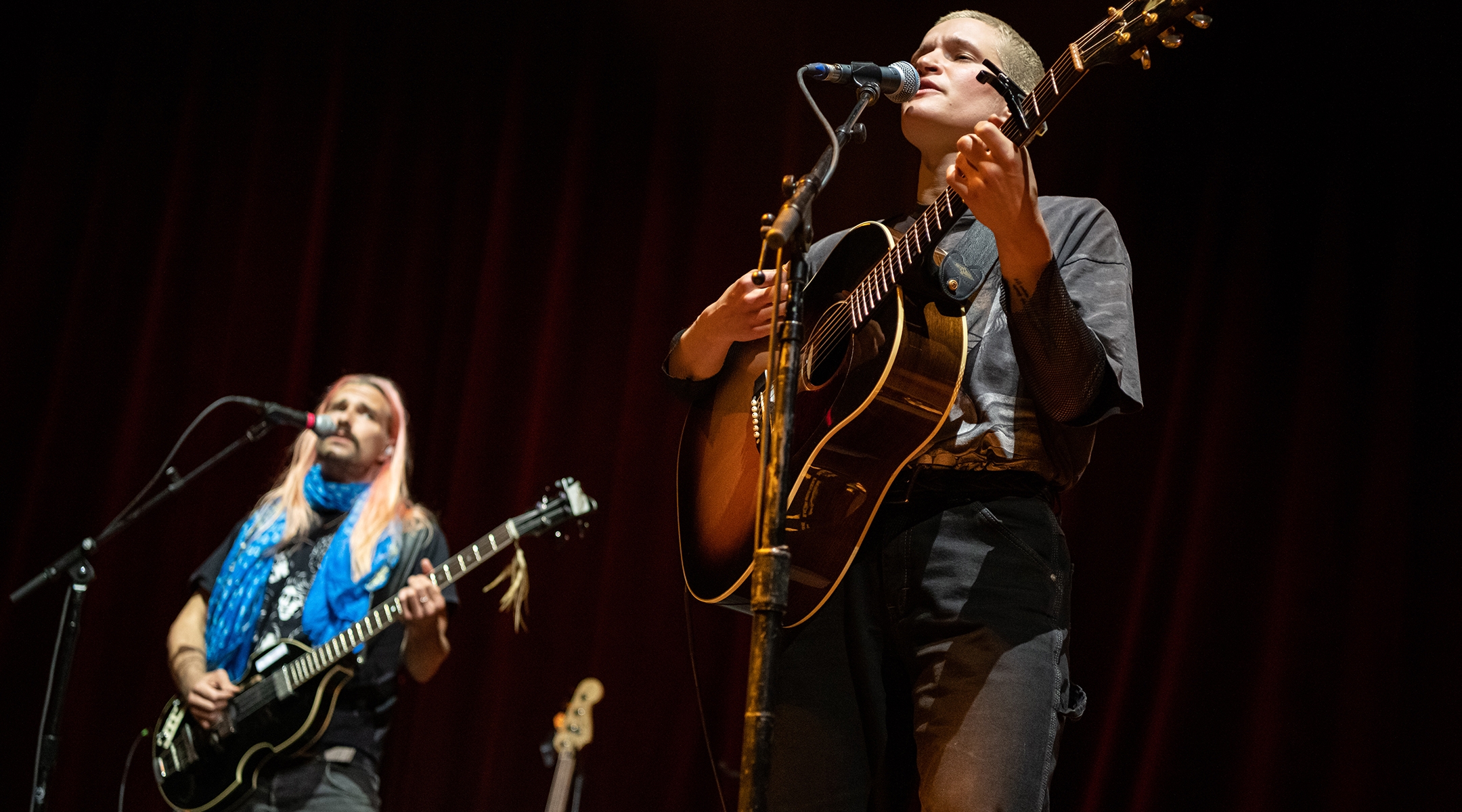 Max Oleartchik, left, who is Israeli, and Adrianne Lenker of Big Thief perform at The Anthem in Washington, D.C., April 21, 2022. (Kyle Gustafson for The Washington Post via Getty Images)