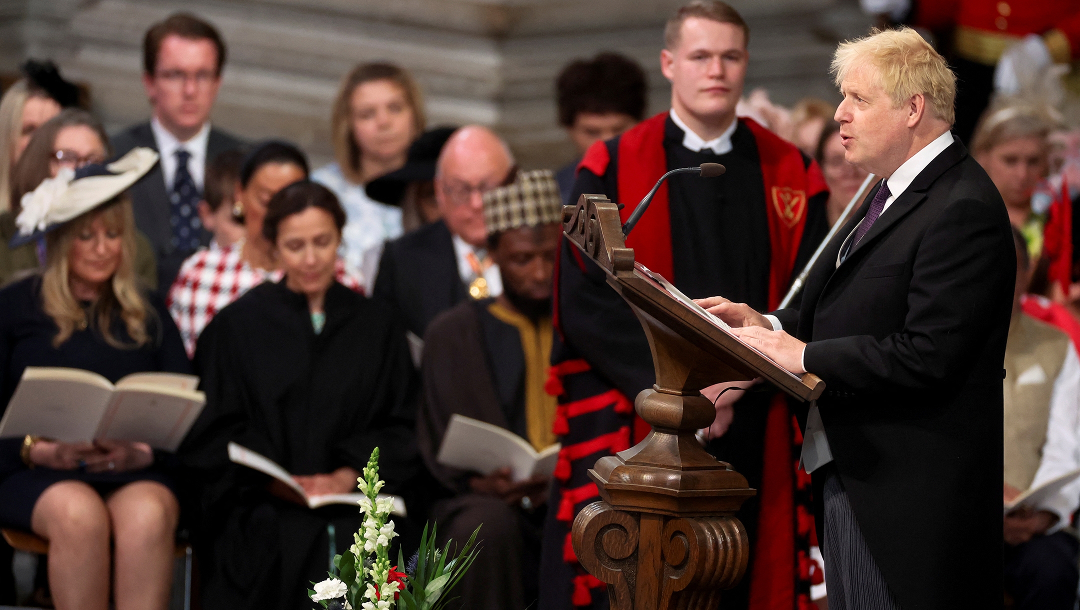 British Prime Minister Boris Johnson speaks during a service in honor of Queen Elizabeth at St. Paul’s Cathedral in London, UK, on June 3, 2022. (Phil Noble – WPA Pool/Getty Images)