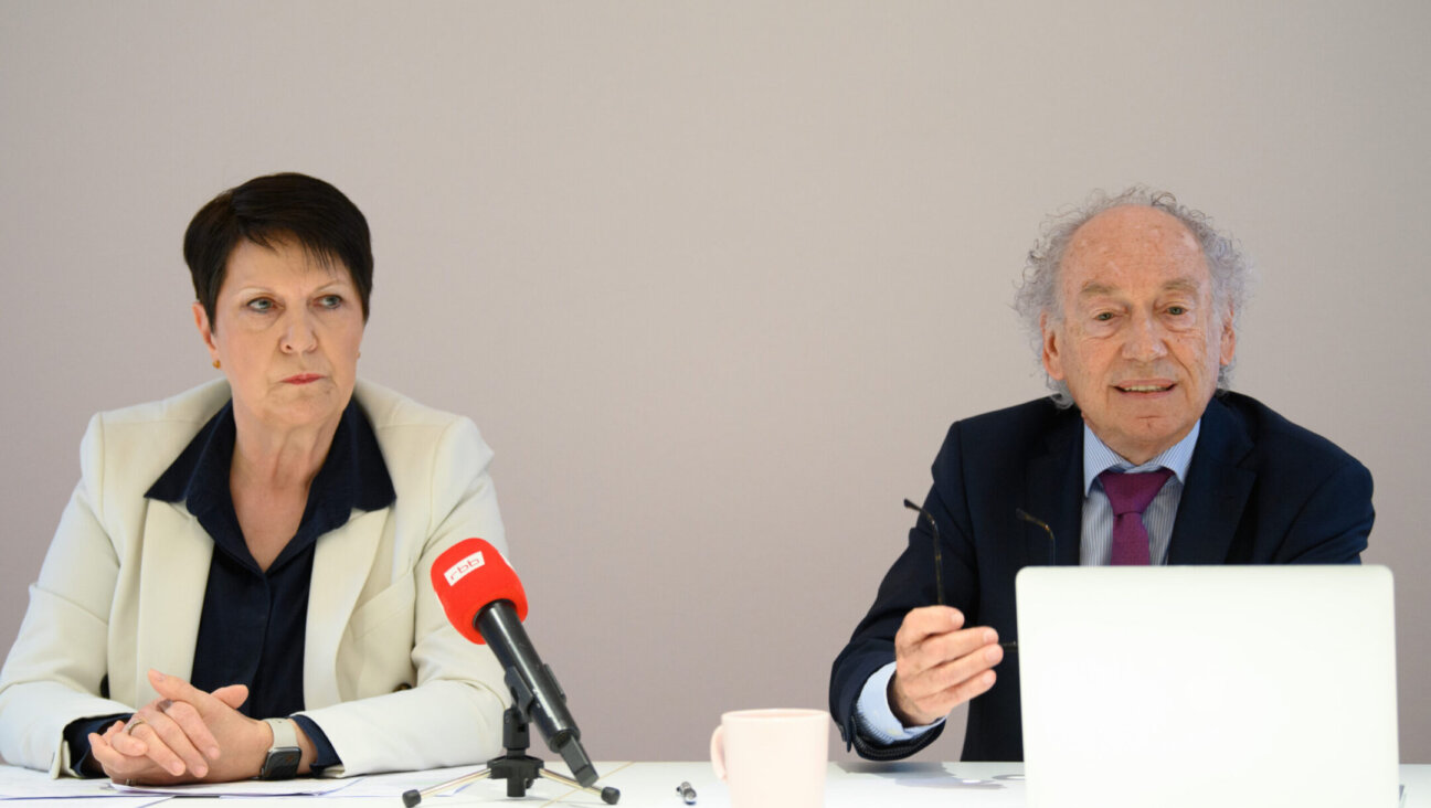 Attorney Gabriele Thöne, interim director of the Abraham Geiger College and former state secretary, and attorney Micha Guttmann, photographed during a press conference about allegations of sexual harassment against the director of the college, in Potsdam, Germany, June 1, 2022. (Soeren Stache/picture alliance via Getty Images)