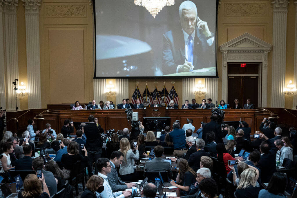 An image of former Vice President Mike Pence on the night of January 6, 2021 is displayed during the third hearing of Jan. 6 hearings.