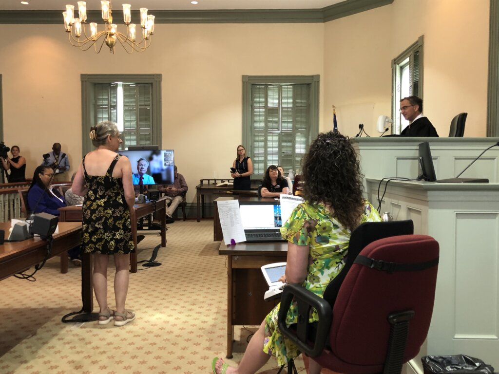 Amy Zowniriw (left speaks with Superior Court Judge Allen Baddour at the hearing. Walter Naegle appeared on the screen via videoconference.