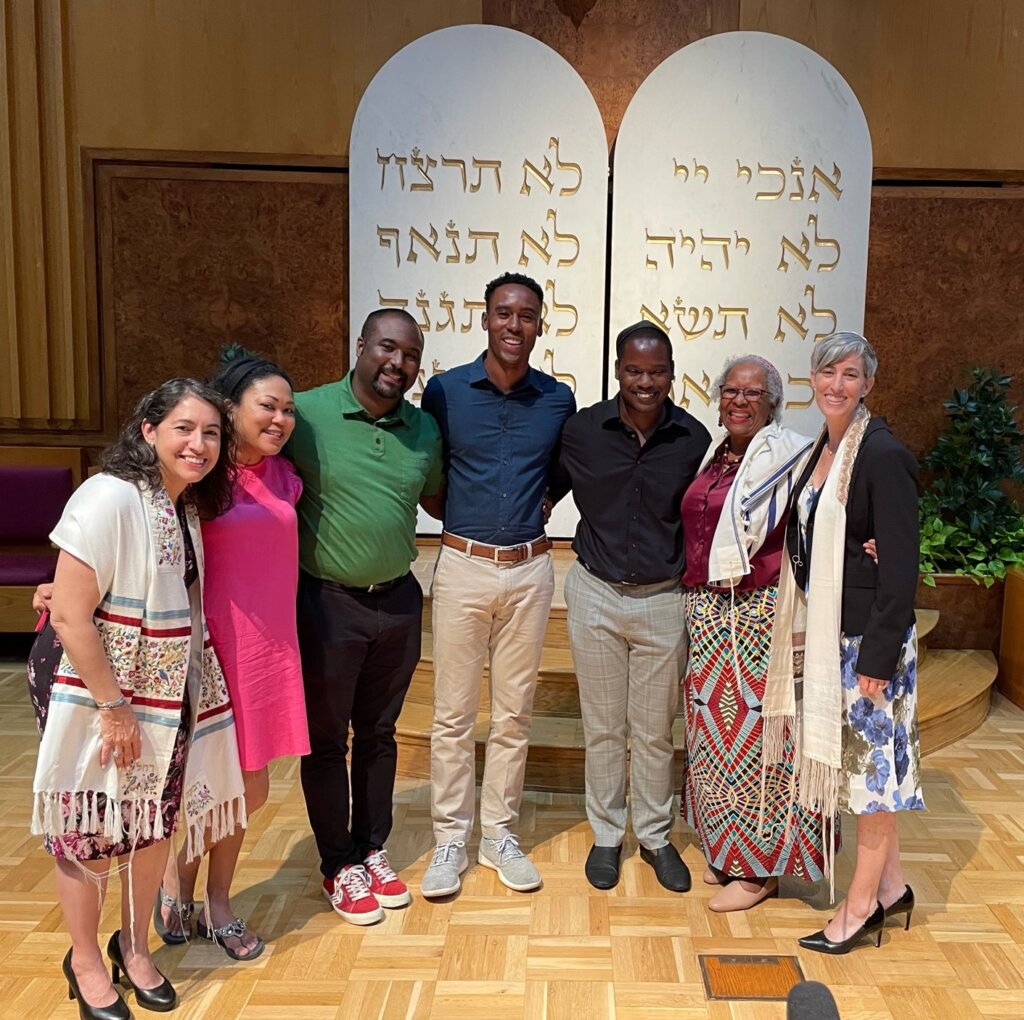 Lending their voices to the Juneteenth Celebration at Washington Hebrew Congregation in Washington, D.C., from left, Rabbi Sue Shankman, Dee Sanae, Joseph Levin-Manning, Toreno Herbert, Joshua Maxey, Sabrina Sojourner, and Cantor Susan Bortnick.