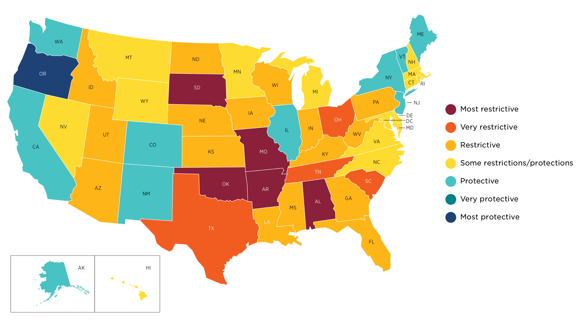 This map produced by the Guttmacher Institute shows abortion access by state as of June 30, 2022. The version published here does not reflect current regulations, but the Guttmacher Institute publishes updates at states.guttmacher.org. 