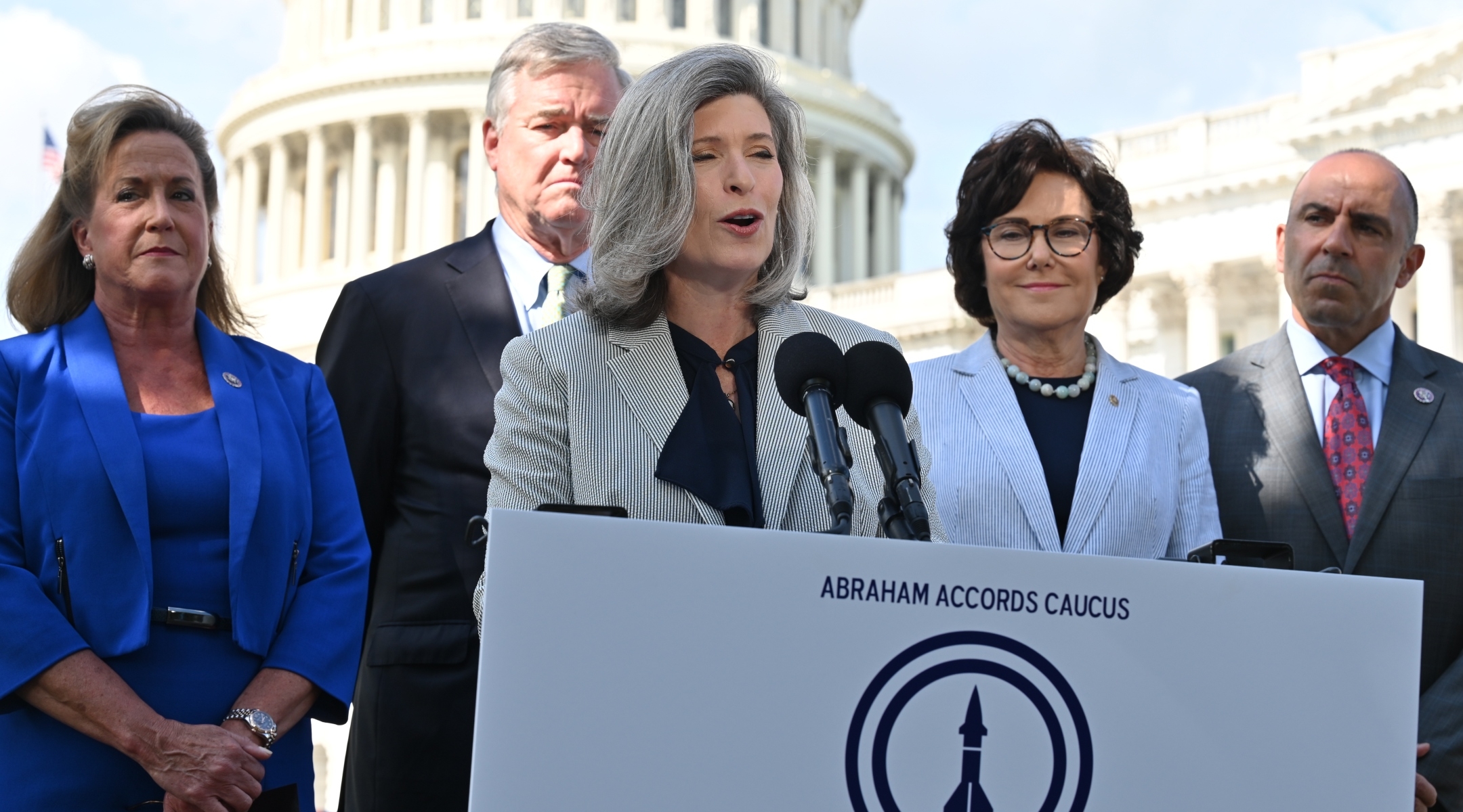 Left to right: Rep, Ann Wagner, a Missouri Republican; Rep David Trone, a Maryland Democrat; Sen. Joni Ernst, an Iowa Reoublican; Sen. Jacky Rosen, a Nevada Democrat; and Rep. Jimmy Panetta, a California Democrat, at a press conference at the Capitol, June 9, 2022. (Office of Sen. Joni Ernst)