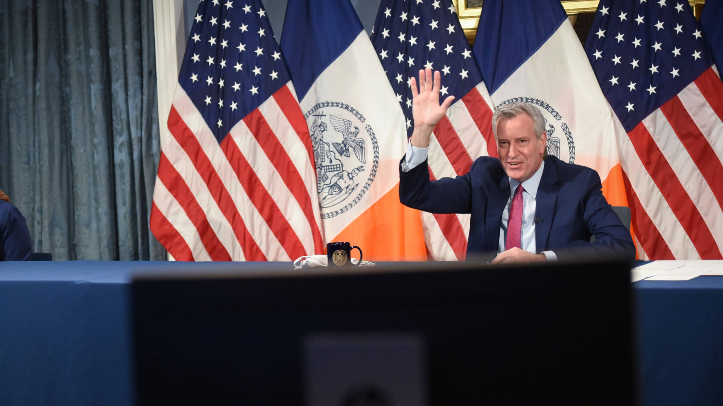 Mayor Bill de Blasio holds a media availability at City Hall on April 13, 2021. 