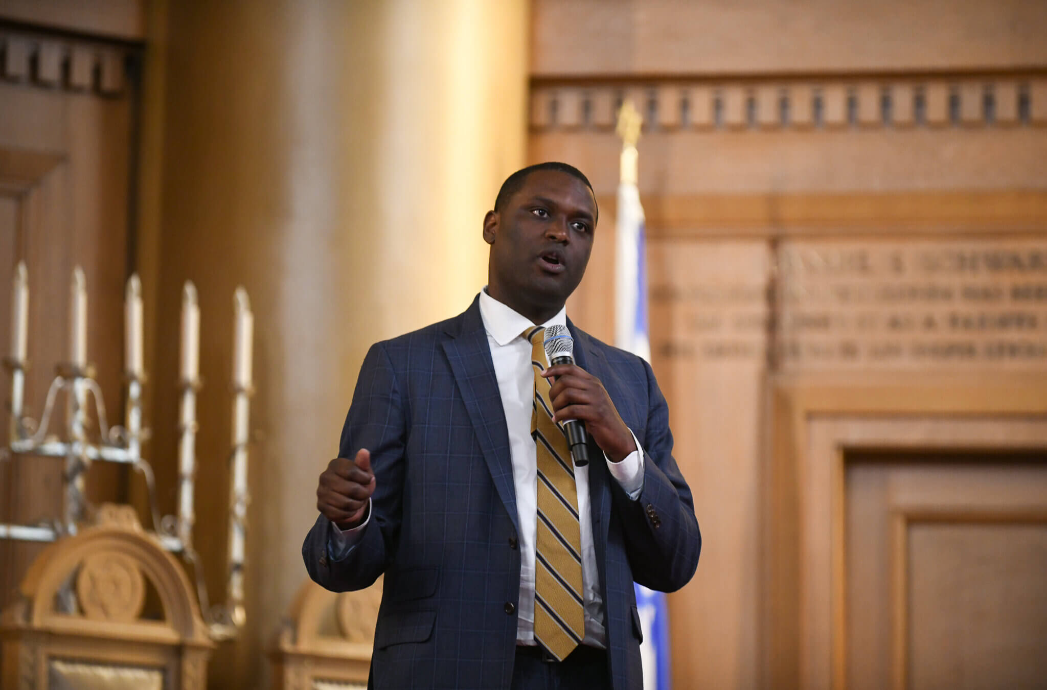 U.S. Rep. Mondaire Jones at a candidate forum for New York's 10th Congressional District co-hosted by the Forward at Congregation Beth Elohim in Brooklyn on July 26, 2022.