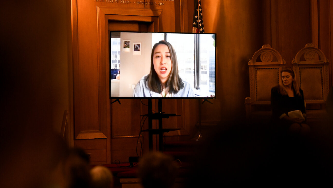 Assemblymember Yuh-Line Niou speaks at a candidate forum for New York's 10th Congressional District co-hosted by the Forward at Congregation Beth Elohim (CBE) in Brooklyn on July 26, 2022.