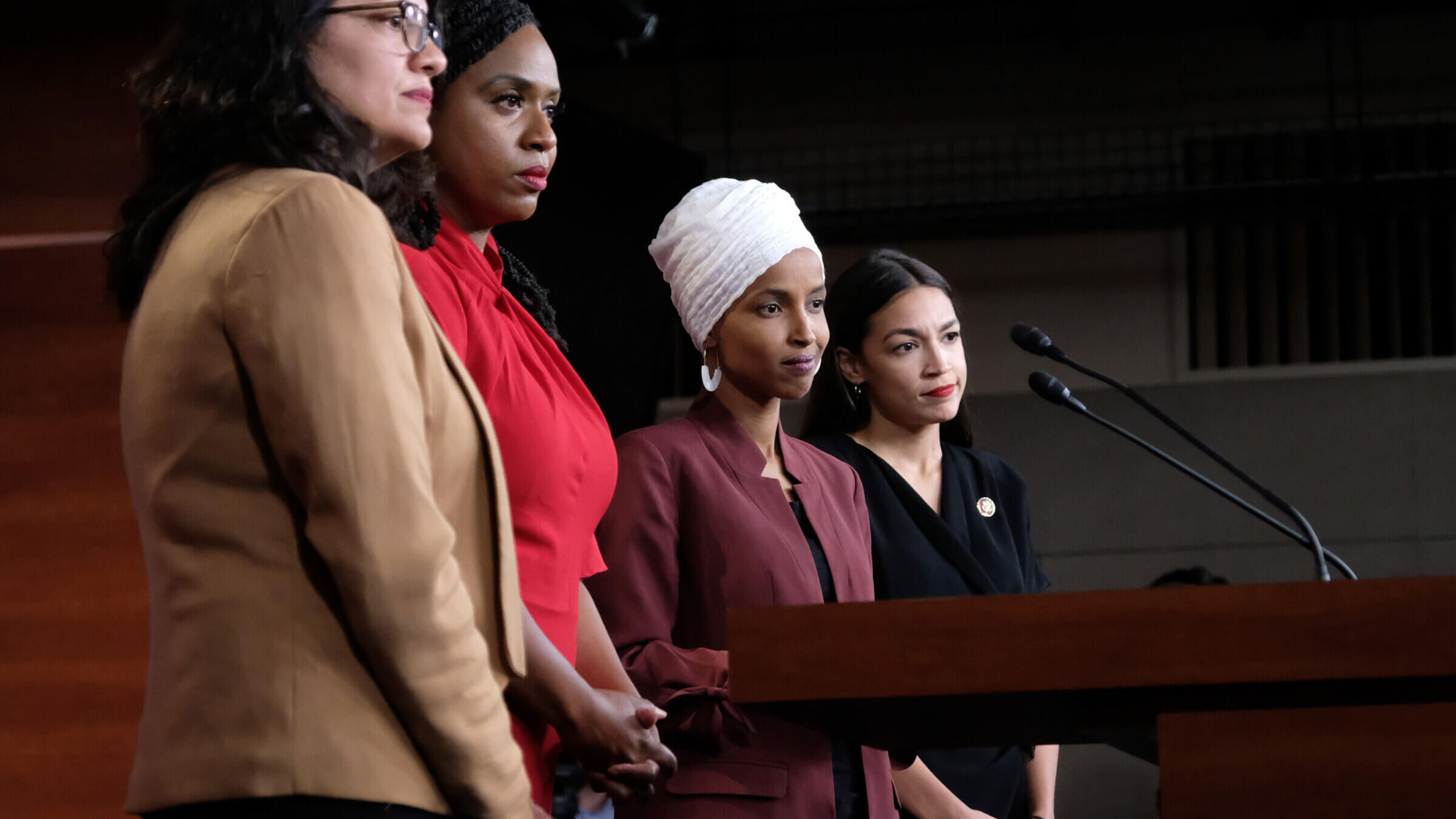 U.S. Rep. Rashida Tlaib (D-Mich.), Rep. Ayanna Pressley (D-Mass.), Rep. Ilhan Omar (D-Minn.), and Rep. Alexandria Ocasio-Cortez (D-N.Y.) on July 15, 2019.