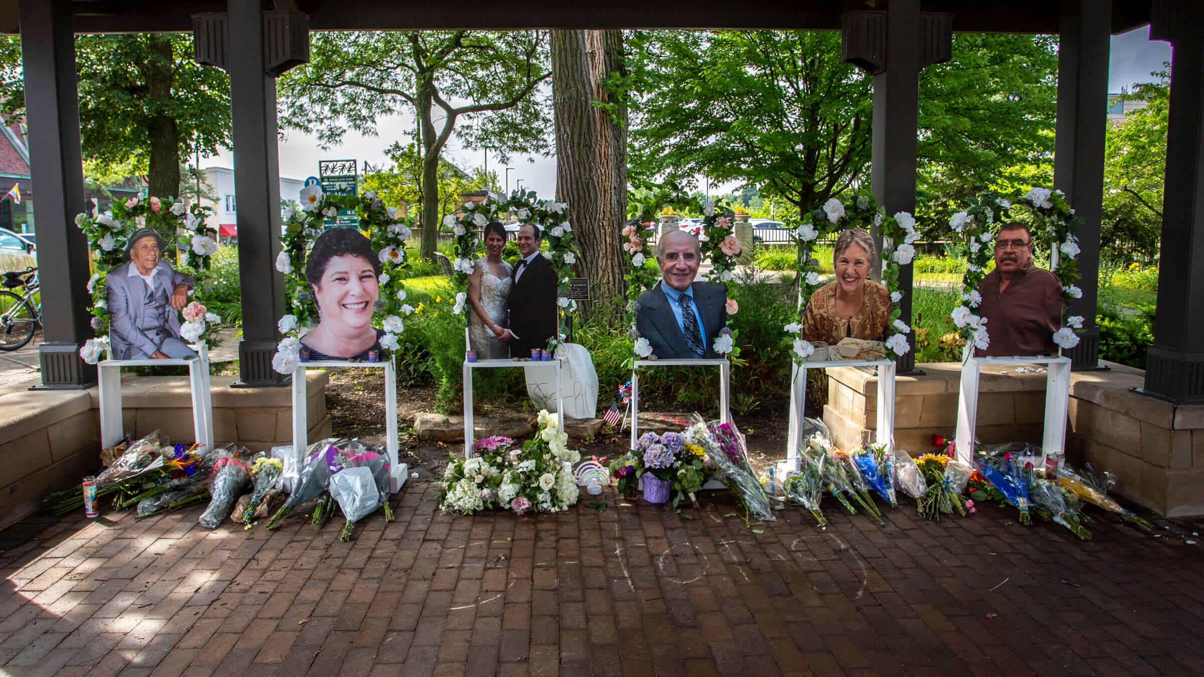 A memorial site near the scene of the shooting in Highland Park, Illinois.