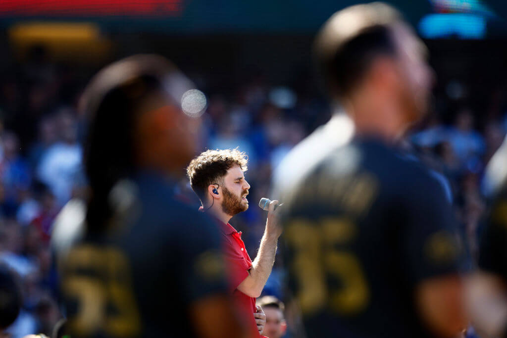 LOS ANGELES, CALIFORNIA - JULY 19: Ben Platt performs the national anthem before the 92nd MLB All-Star Game presented by Mastercard at Dodger Stadium on July 19, 2022 in Los Angeles, California. 