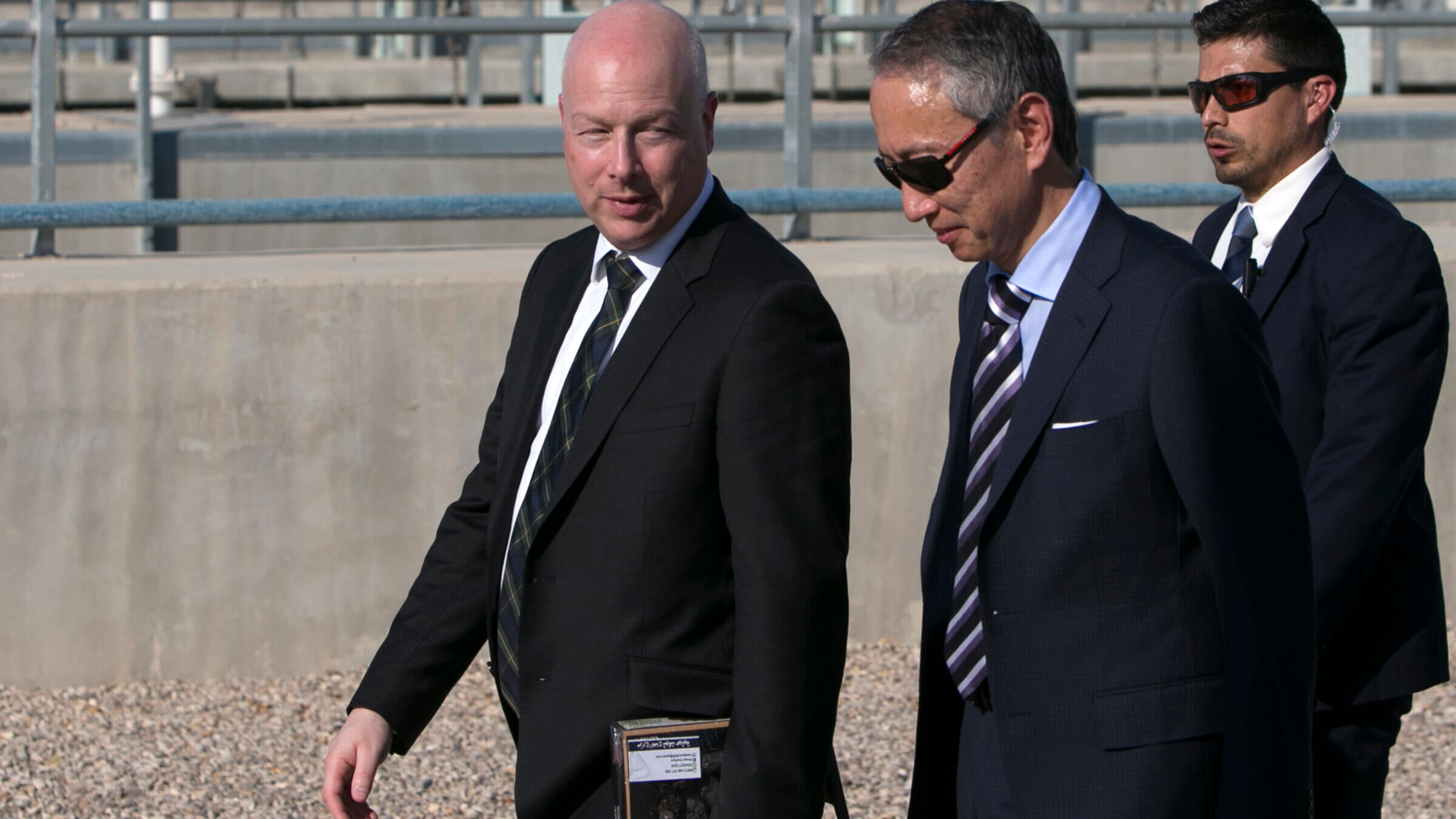 Jason Greenblatt (L) attends the launch of a project to improve access to wastewater treatment and water for Palestinian farmers, on October 15, 2017, in the city of Jericho.