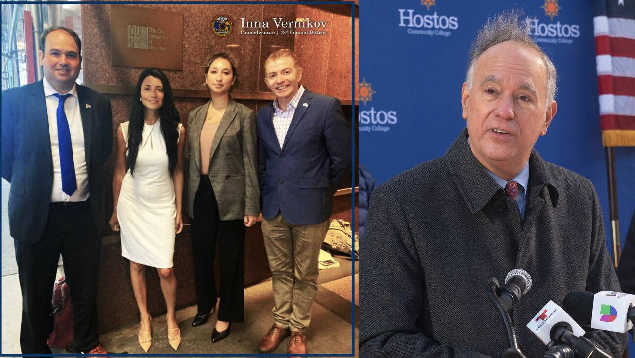 Brooklyn Council member Inna Vernikov, second from left, and Ilya Bratman, executive director at Hillel at Baruch College, far right, were among those taking part in a meeting with CUNY Chancellor Felix Matos Rodriguez, shown on right, July 13, 2022. (Courtesy/Getty Photo by Lev Radin/Pacific Press/LightRocket via Getty Images)