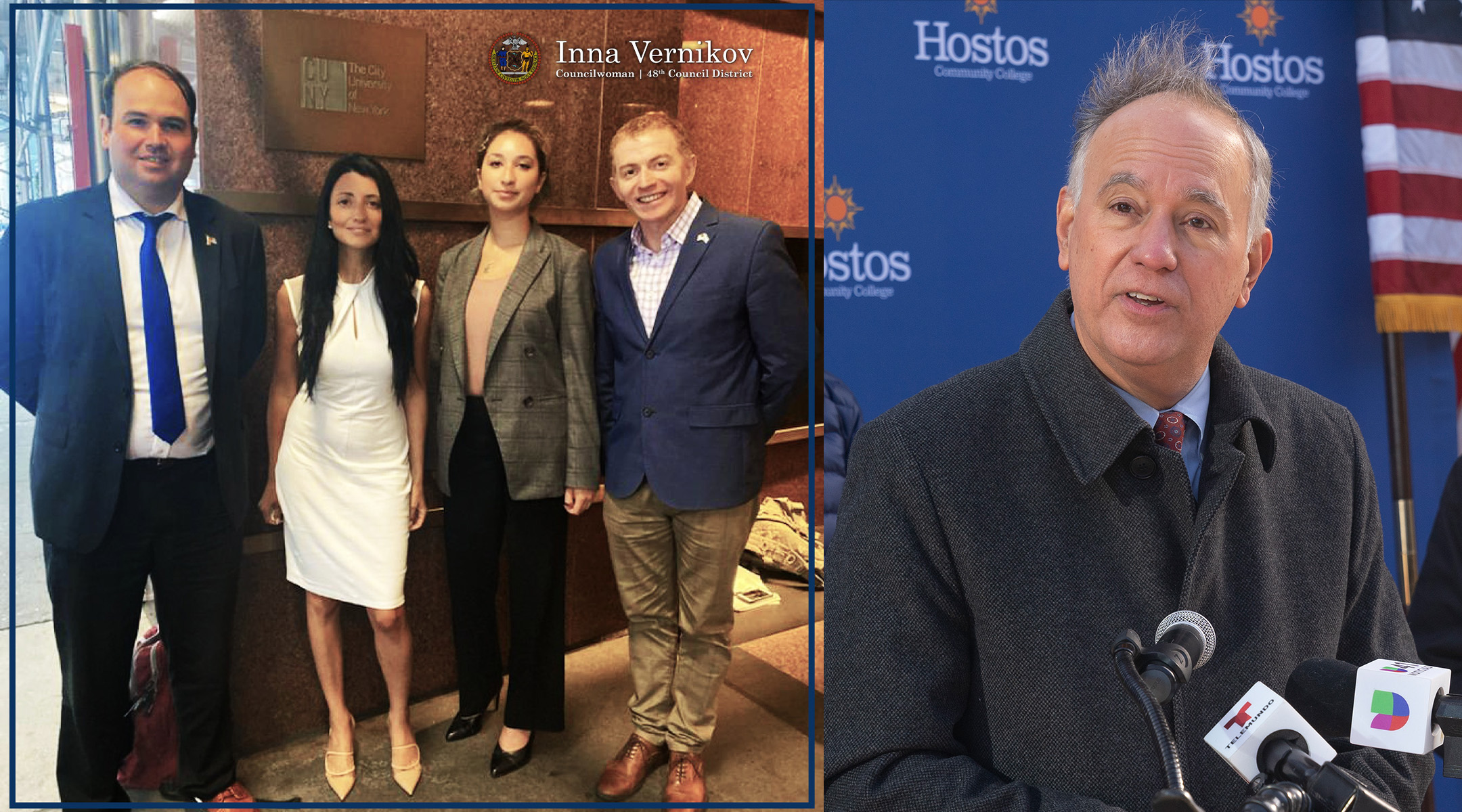 Brooklyn Council member Inna Vernikov, second from left, and Ilya Bratman, executive director at Hillel at Baruch College, far right, were among those taking part in a meeting with CUNY Chancellor Felix Matos Rodriguez, shown on right, July 13, 2022. (Courtesy/Getty Photo by Lev Radin/Pacific Press/LightRocket via Getty Images)