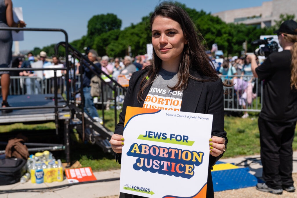 Sheila Katz, CEO of the National Council of Jewish Women, at the Jewish Rally for Abortion Justice in May. (Eric Lee)