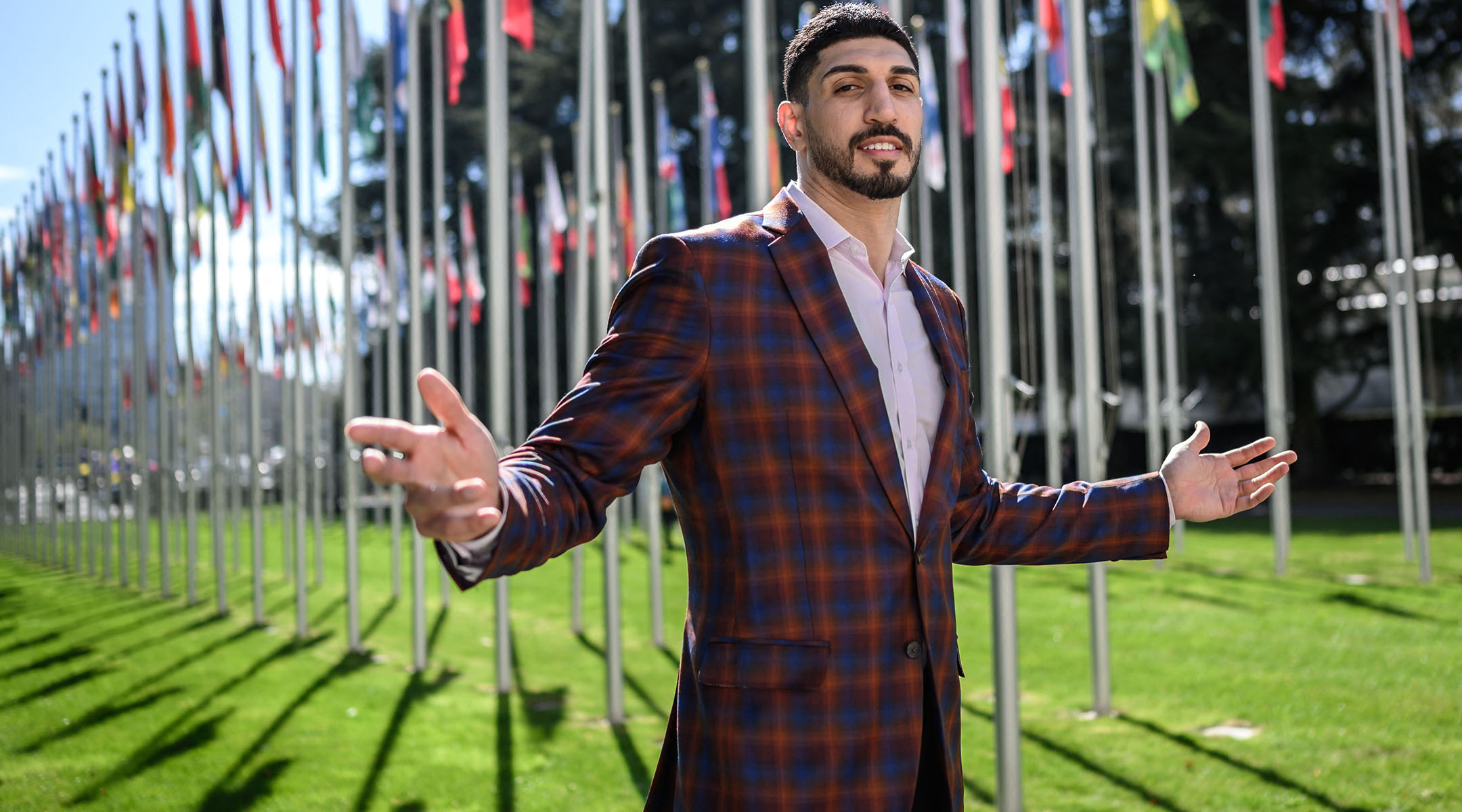 Enes Kanter Freedom poses during an interview  at the United Nations Office in Geneva, April 5, 2022.