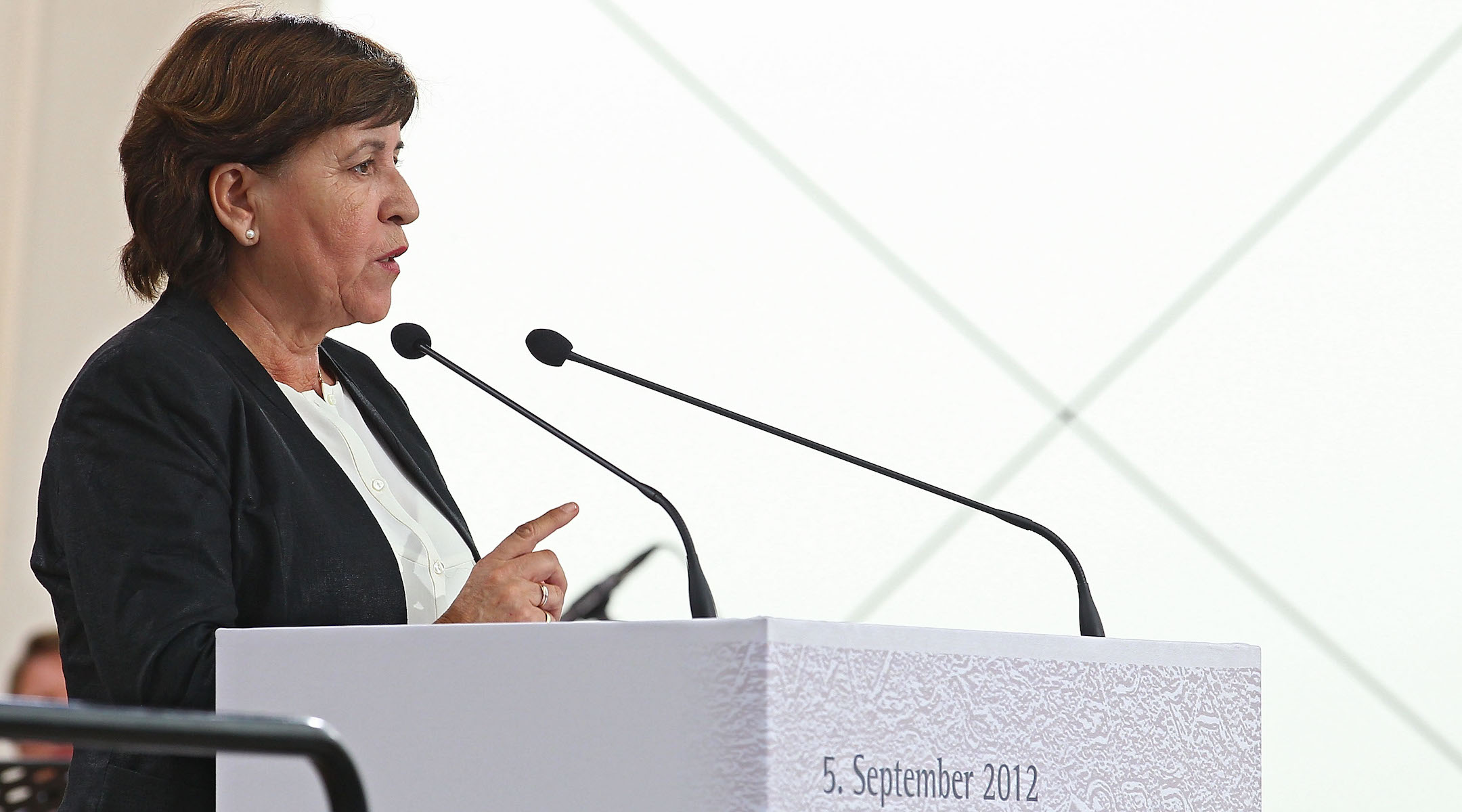 Ankie Spitzer speaks during a 2012 memorial service commemorating the 1972 Munich Olympics terrorist attack. (Thomas Niedermueller/Getty Images)