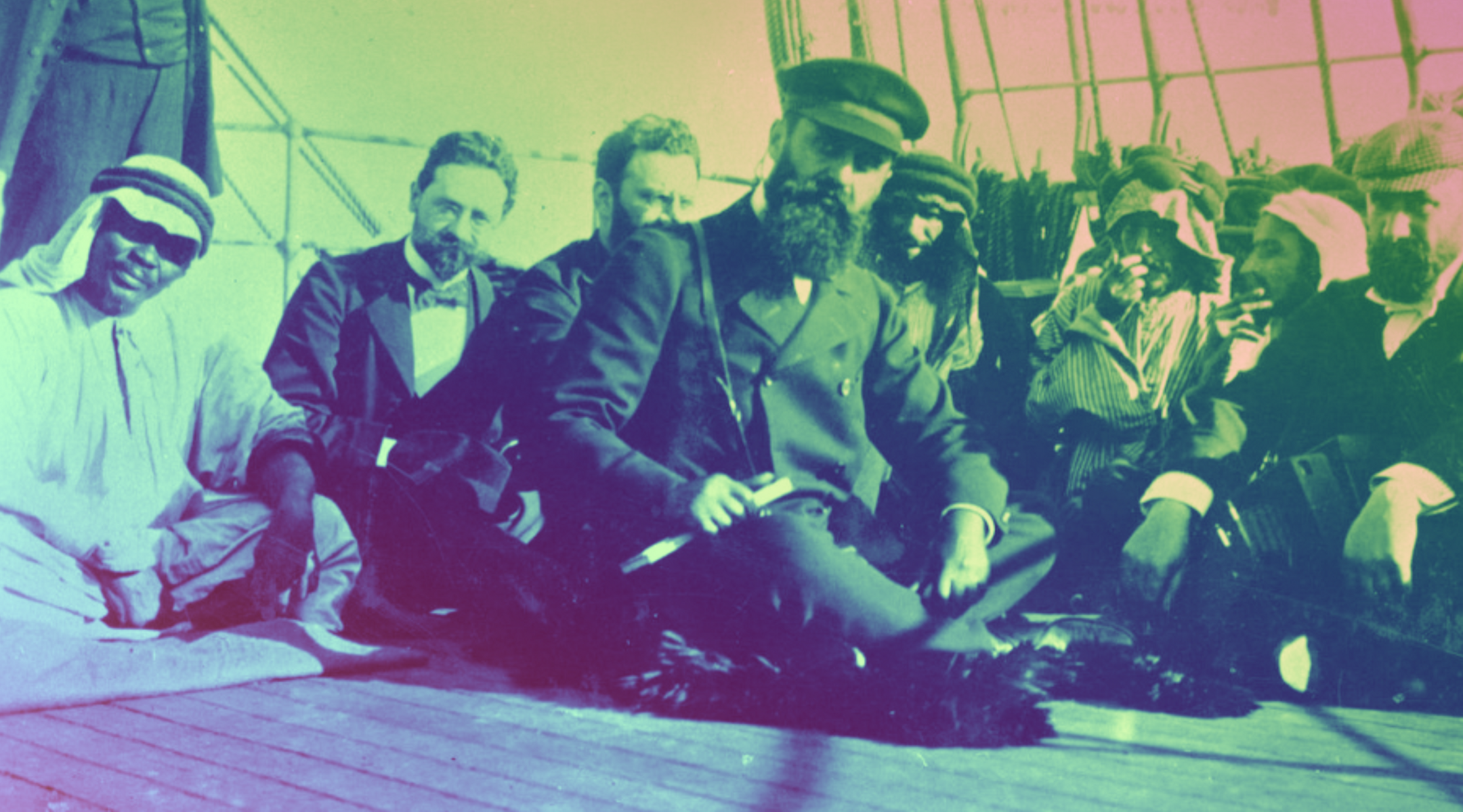 Theodor Herzl, center, shown on a boat in 1898. (Universal History Archive/Universal Images Group via Getty Images)